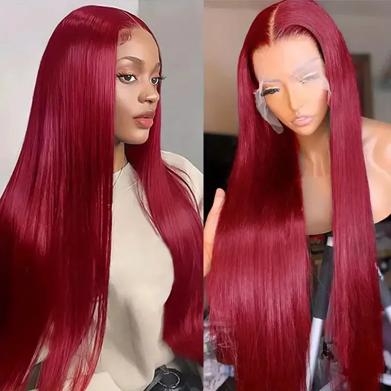 

99J Burgundy Long Straight Hair 13x4 13x6 HD Transparent Lace Front Hair Wig, Bob Wig Glue-Free Suitable For Women