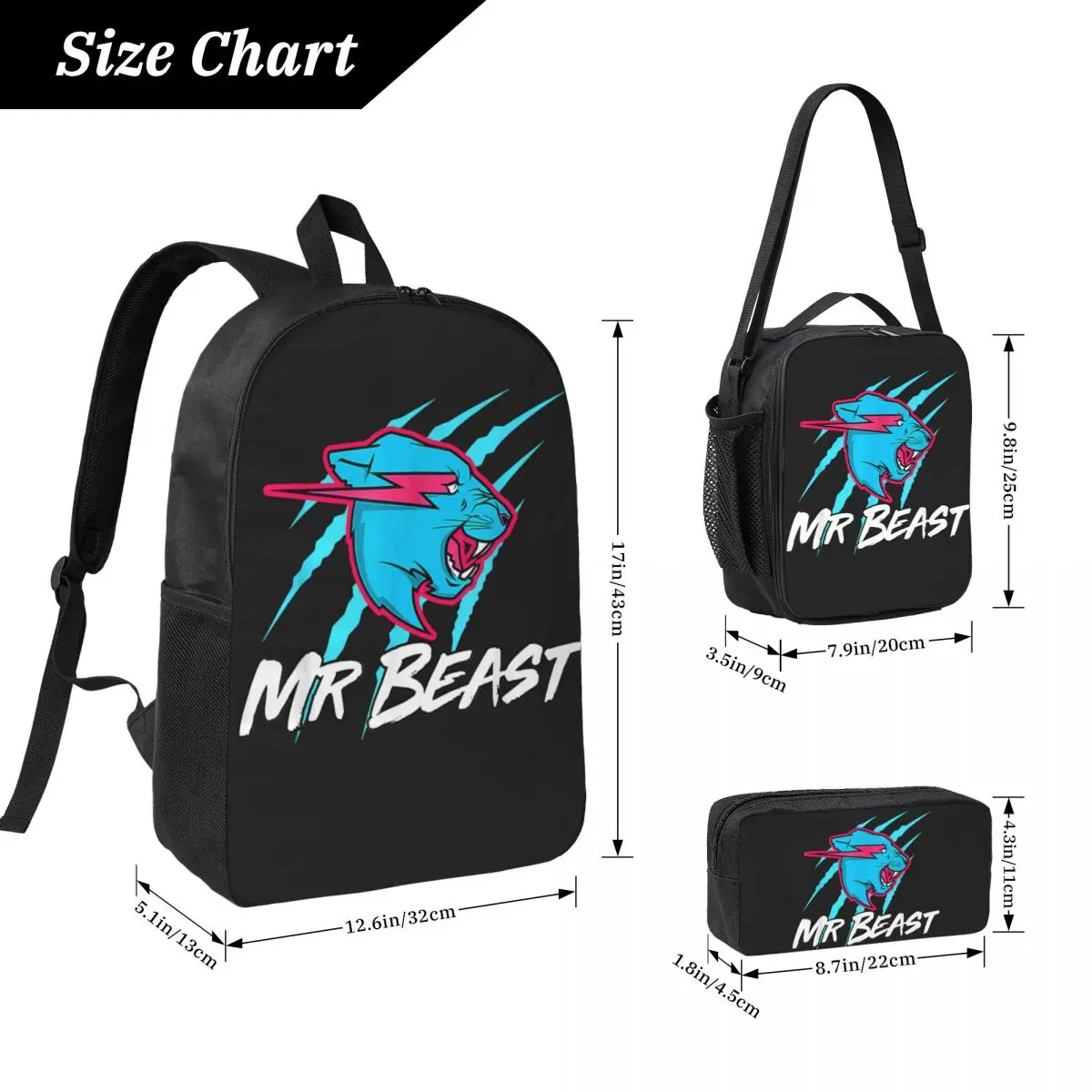 3 Stuks Mr Beasts Schooltassen Set Voor Kinderen Gaming Beasts Stijl Pennenbakjes Rugzak Sets Met Lunchbox Voor studenten Knapzak