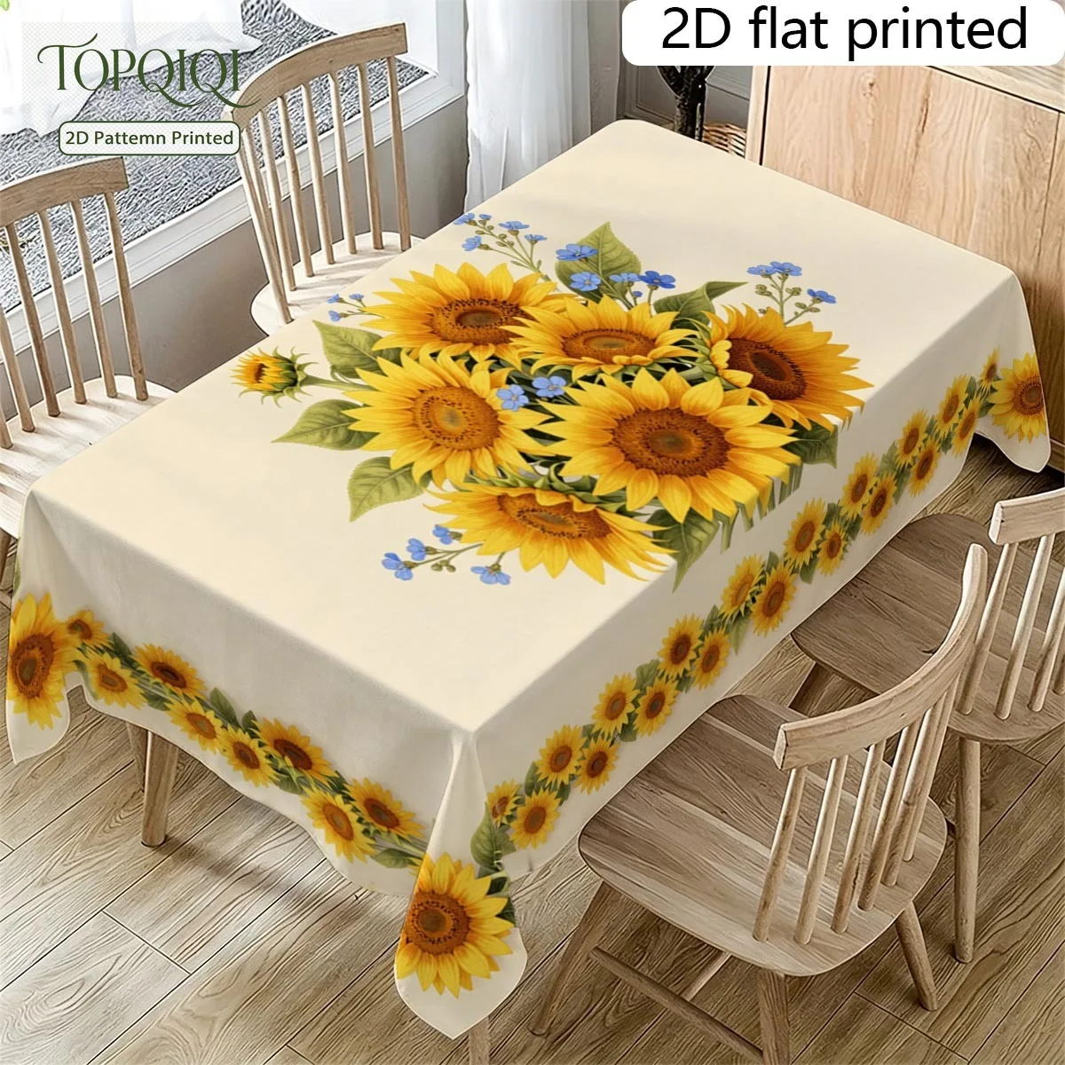 Tablecloth 1pc, 2D Flat Sunflower Floral All-Over Print Tablecloth, High-Quality Durable, Sunny Pastoral Style, Suitable for All