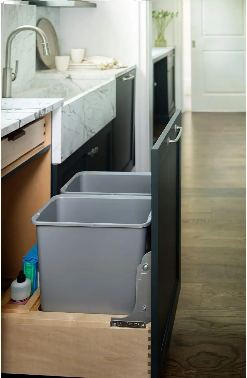 4WC-24DM2-SC Heavy Duty Double 30 Quart Easy Installation Mounted Soft Close Pullout Waste Container Bin, Gray