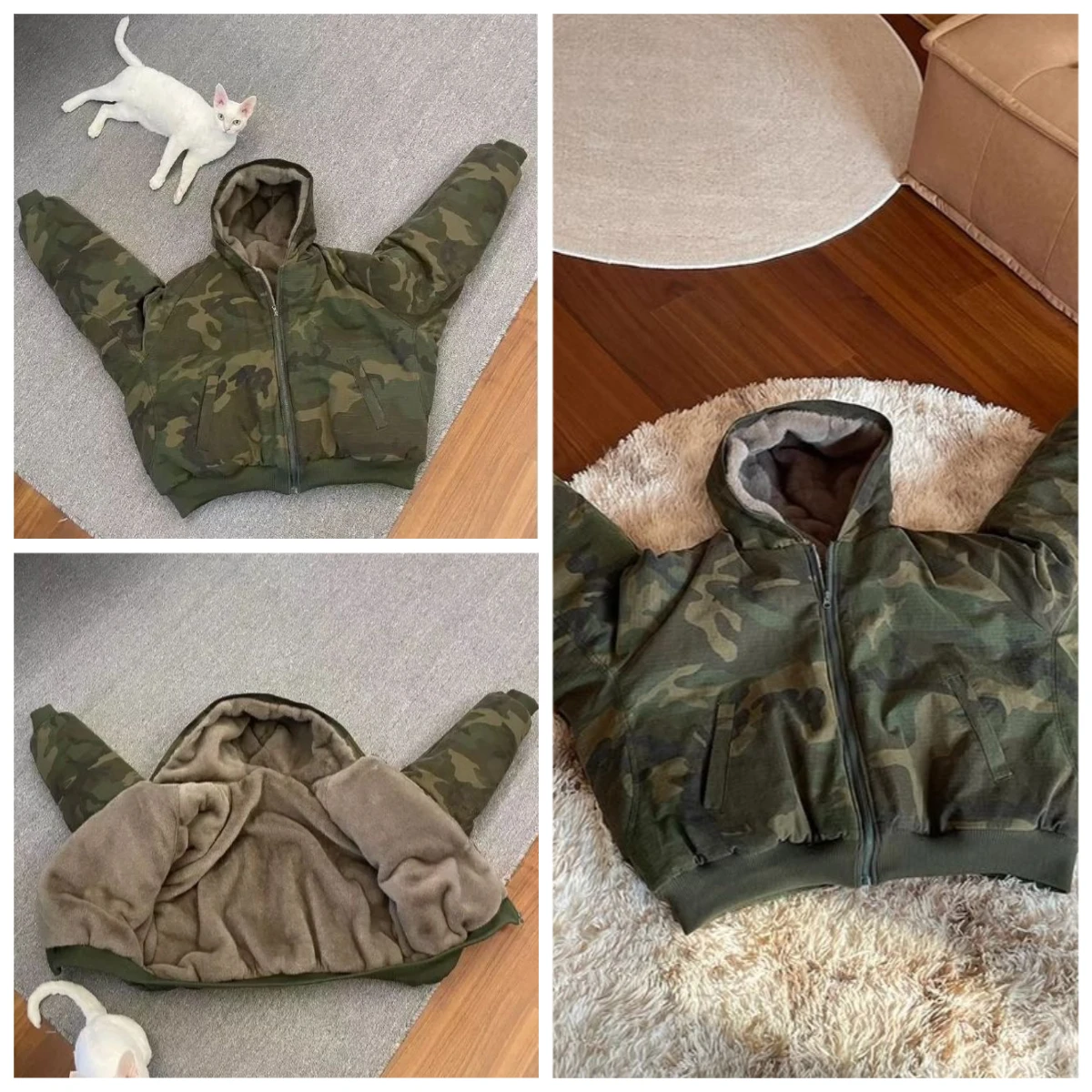2025年冬スタイル ベルベットフード付き迷彩柄ショートブレッドコート コットンコート アメリカン個性派レトロ厚手暖かい綿コート