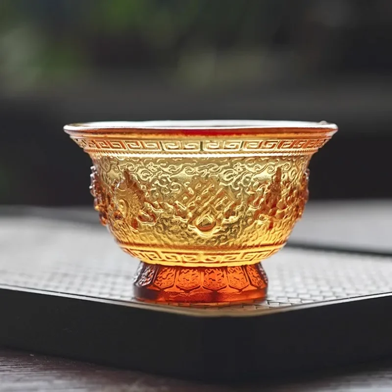 Feng Shui retro crystal handicrafts home water supply bowl set carved glass Buddha statue front cup altar hall