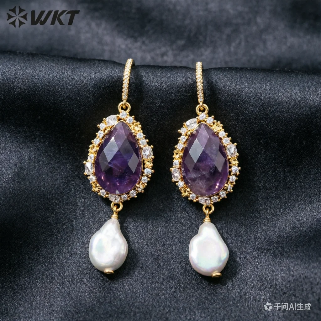 WKT-E706 WKT 2022 Fashion style rose quartz&lapis&amethyst&amazonite&black obsidian/sun stone gold-plate earrings gift style