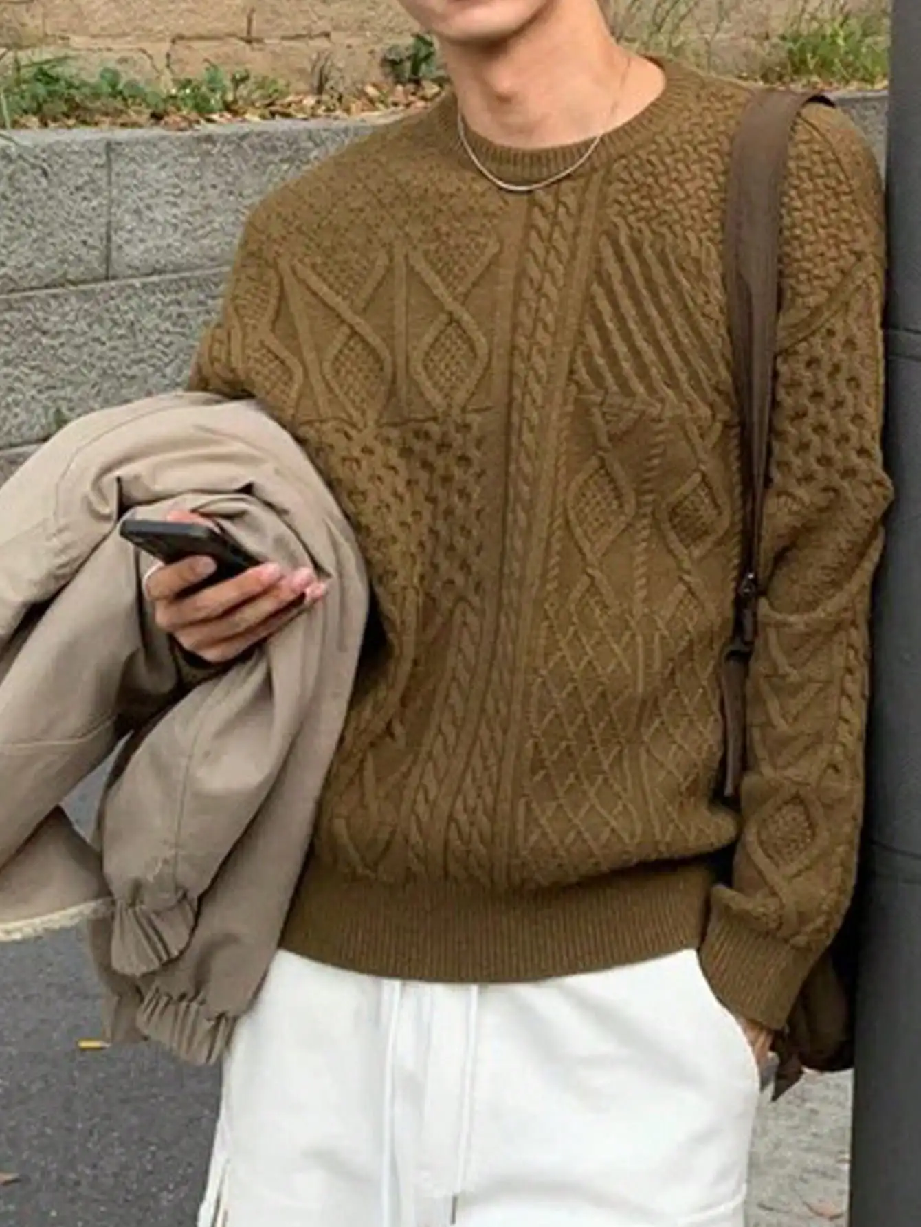 

Autumn and Winter Classic Retro Drawstring Round Neck Long-Sleeve Drop Shoulder Casual Loose Knit Men's Basic Solid Color Pullover Sweater Knitwear