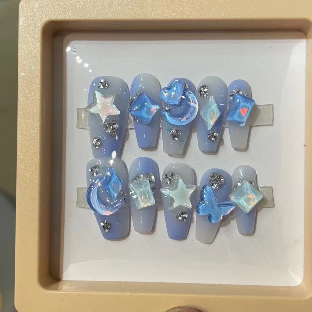 Blue Halo Fake Nails Star Moon Nail Patch Diamond Nail Art Fairy Nail Girl Geschenk – Detail 6