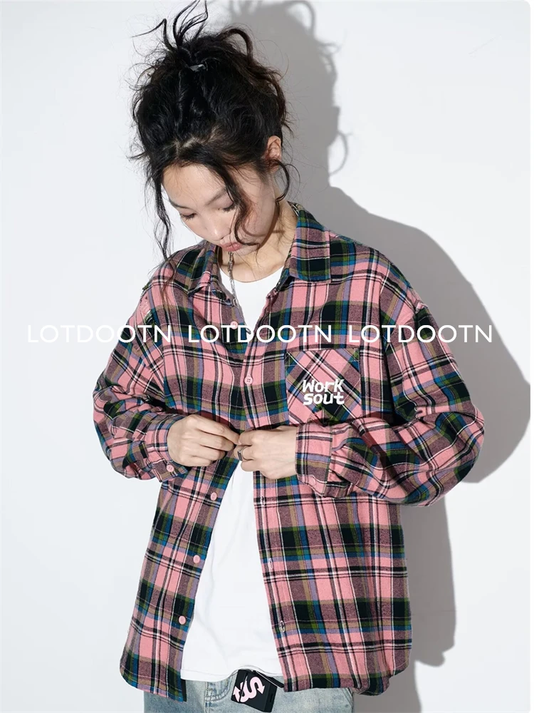 LOTDOOTN Women Vintage Long Sleeve Shirt Korean Oversized Plaid Shirt Autumn Winter Fashion Loose Lapel Pocket Shirt Embroidery