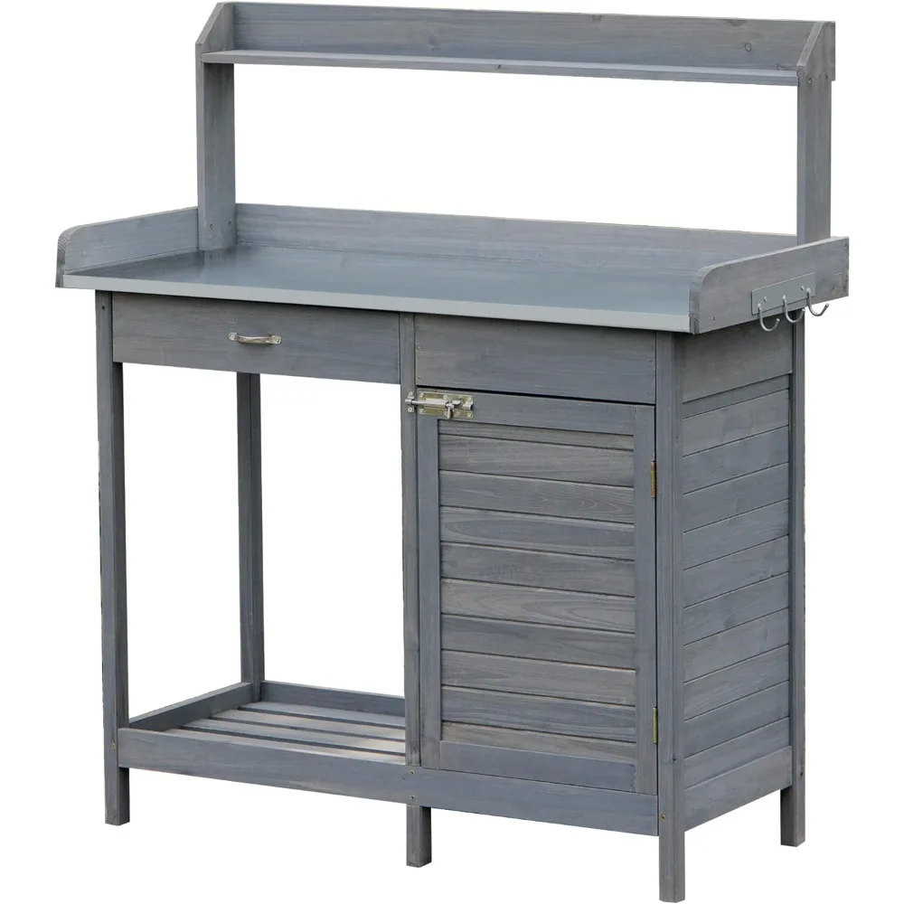 

Outdoor Potting Bench Table, Garden Work Station with Storage Cabinet, Open Shelf and Steel Tabletop, Gray