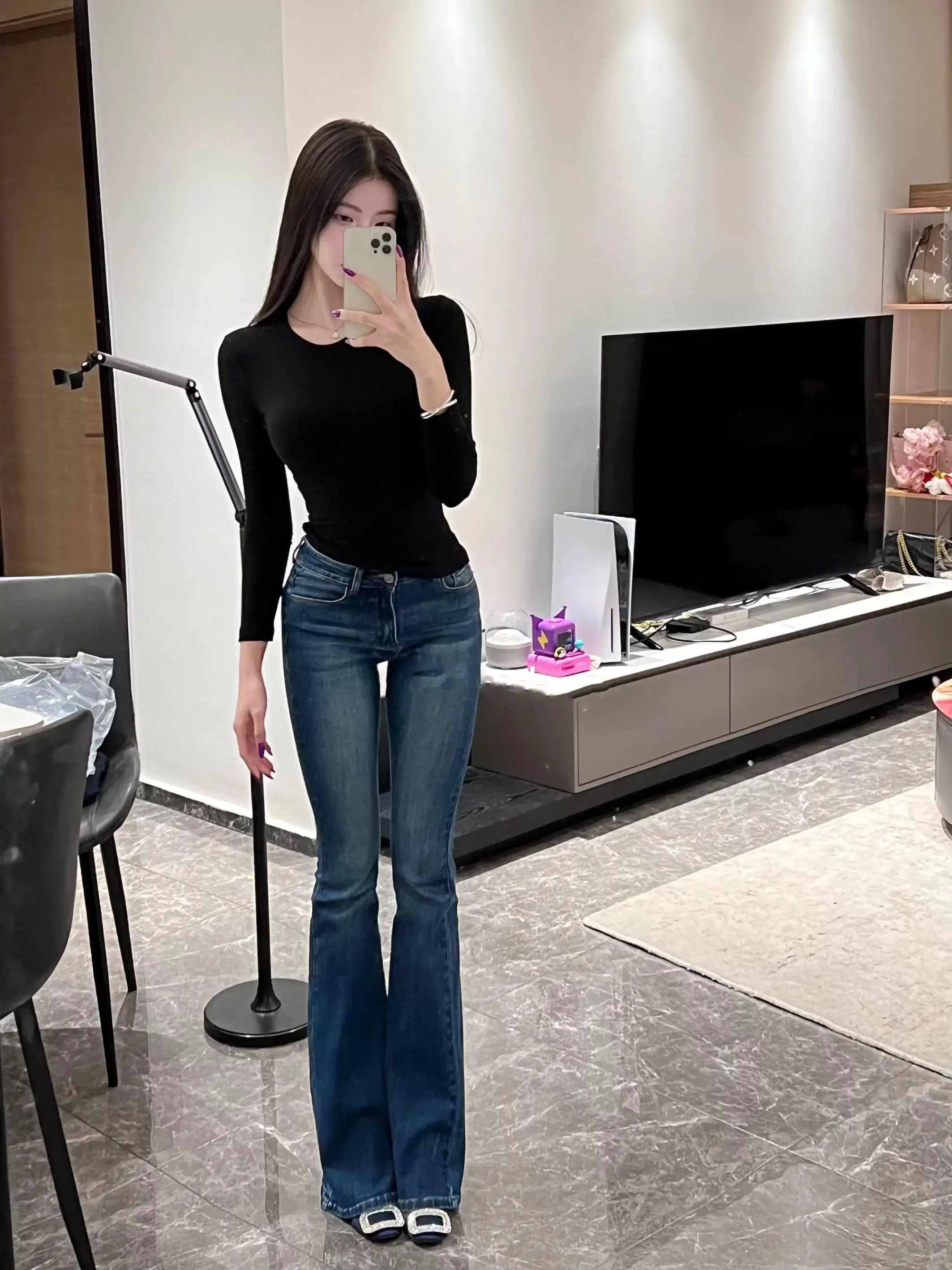 

Retro Deep Blue High Waist Stretchy Slimming Long Pants Women's Floor-Length Bell Bot Jeans Cotton Stretch Denim