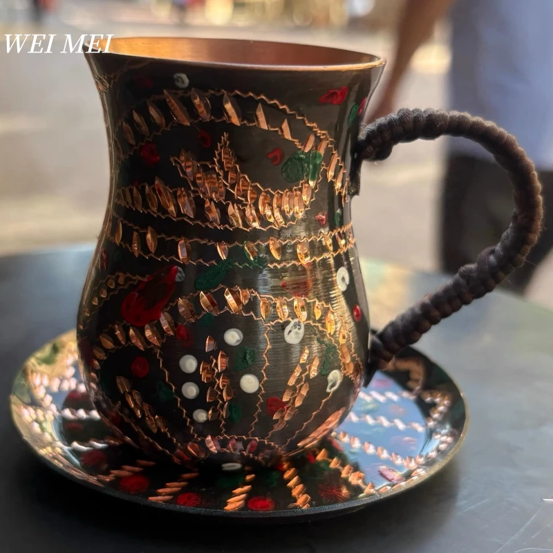 

Винтажная медная кофейная кружка с узором, чашка для завтрака с дисковой ложкой, эскиз ручной работы, уникальная художественная текстура, подарочная кружка, посуда