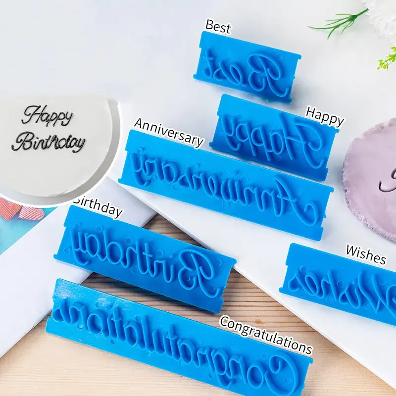 6pcs Cake Baking Molds Alphabet Letter Words Cookie Press Stamp Embosser Cutter Fondant Mould Happy Birthday Cake Decoration