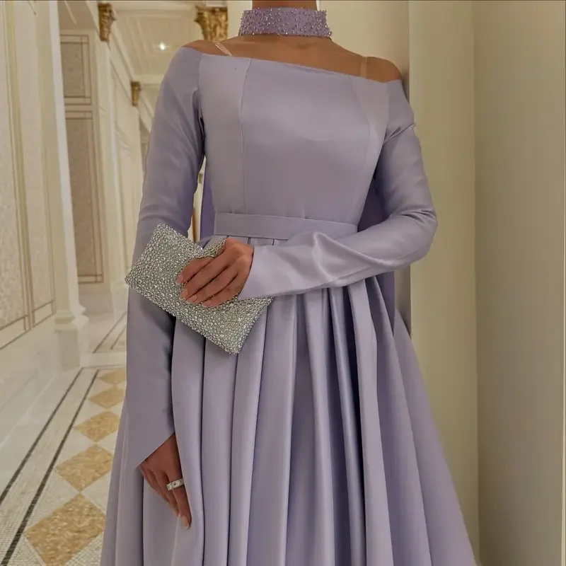 Indie Elegant Purple A-Line Prom Gown Off-The-Shoulder Long Sleeve Evening Dress customized Floor Length Special Occasion Gowns