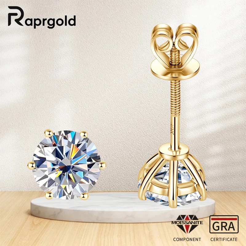 

RAPRGOLD Solid 10K Gold Stud Earrings for Women Certified Round Moissanite Screw Screw Back Piercing Earring Fine Jewelry Gifts