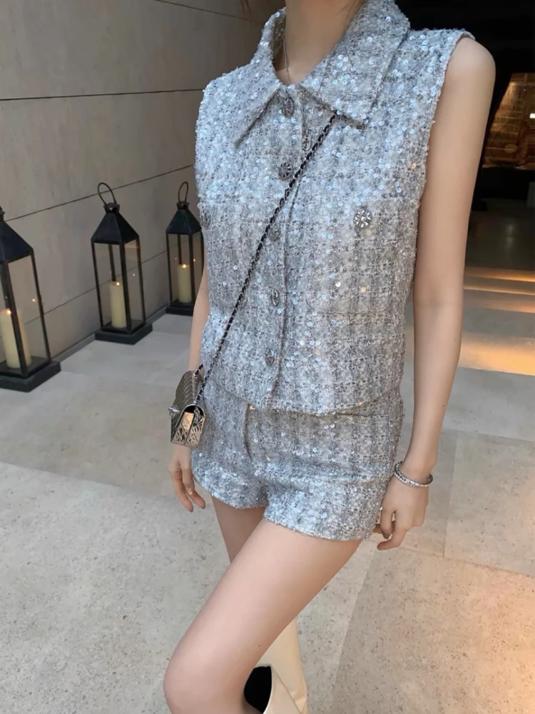 Summer Silver Sequins Elegant Suit Women's 2024 New Lapel Sleeveless Top Vest+High Waist Slim-Fit Shorts 2-Piece Set Trendy