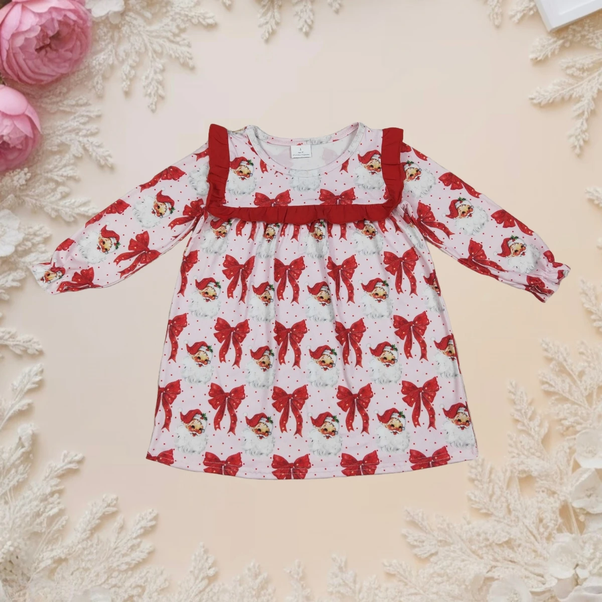 

Wholesale Baby Girl Long Sleeves Red Ruffle Santa Bows Princess Dresses Clothes Infant Toddler Knee Length Sweet Dress Clothing