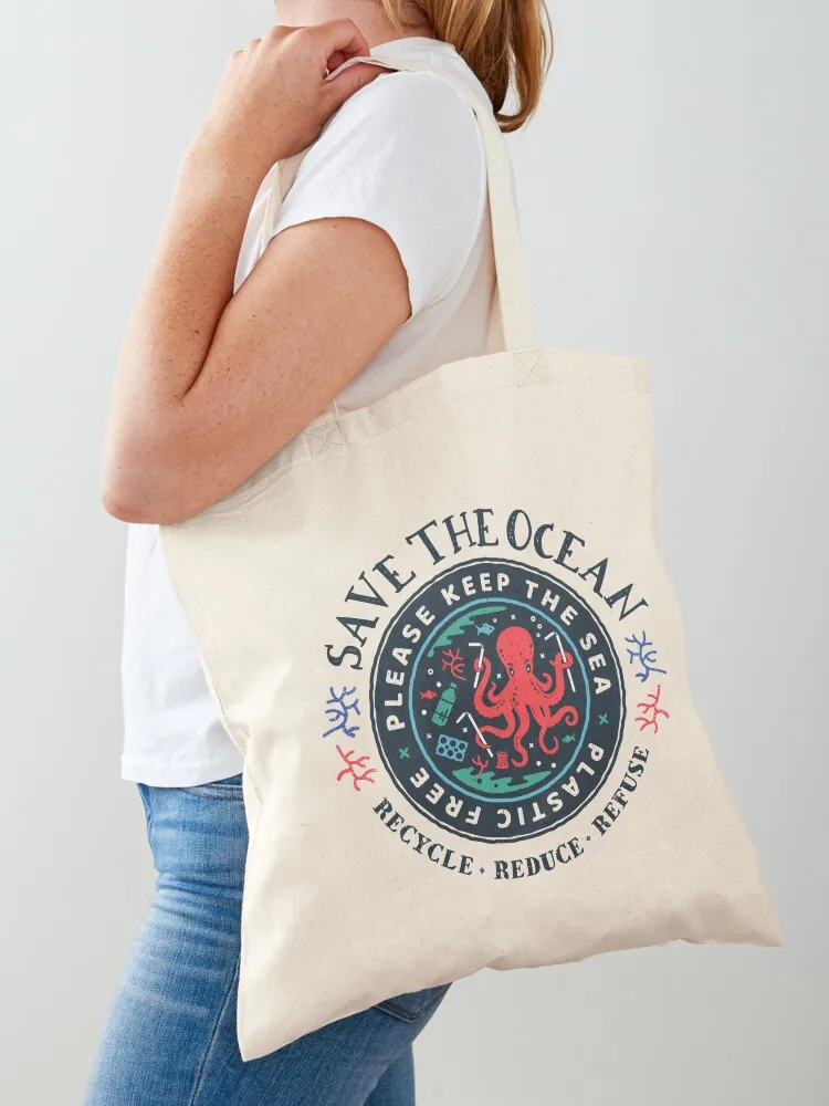 إنقاذ المحيط - يرجى حافظ على البلاستيك البحري مجانًا - حقيبة حمل مشهد الأخطبوط، حقيبة تسوق قابلة لإعادة الاستخدام، حقائب هدايا