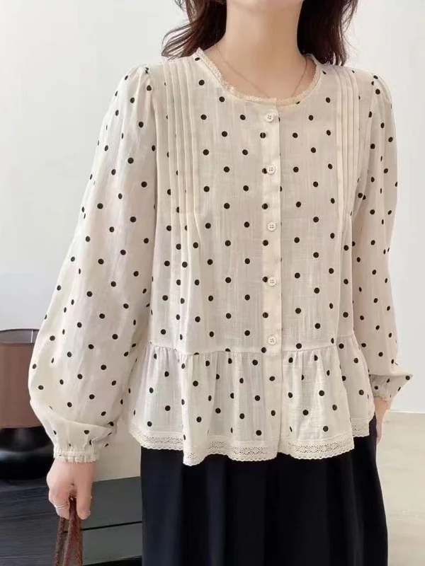 Lente 2026 Grote maat dames irt gingham kant patchwork polka dot lantaarn Sve Doll irt accordeon plooi casual katoen...