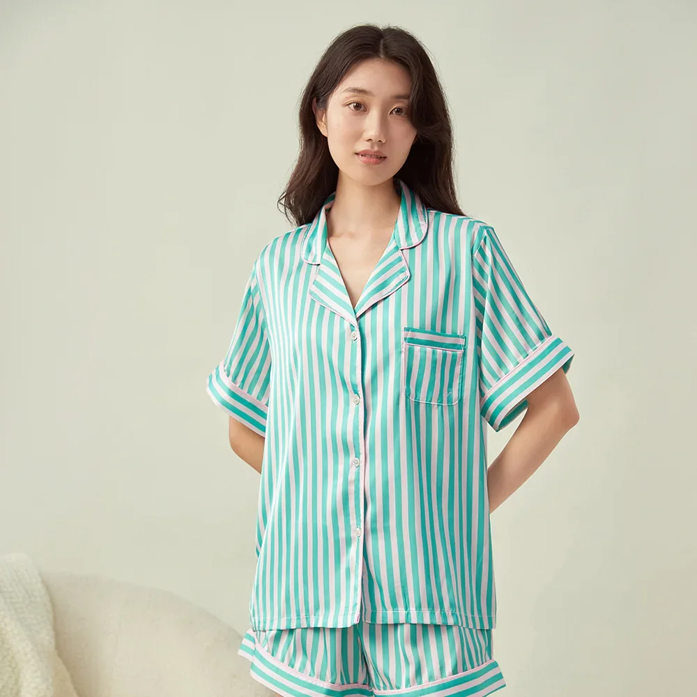 Secret The same lapel striped jacquard pajamas for women\'s short-sleeved shorts Ice silk suit loungewear