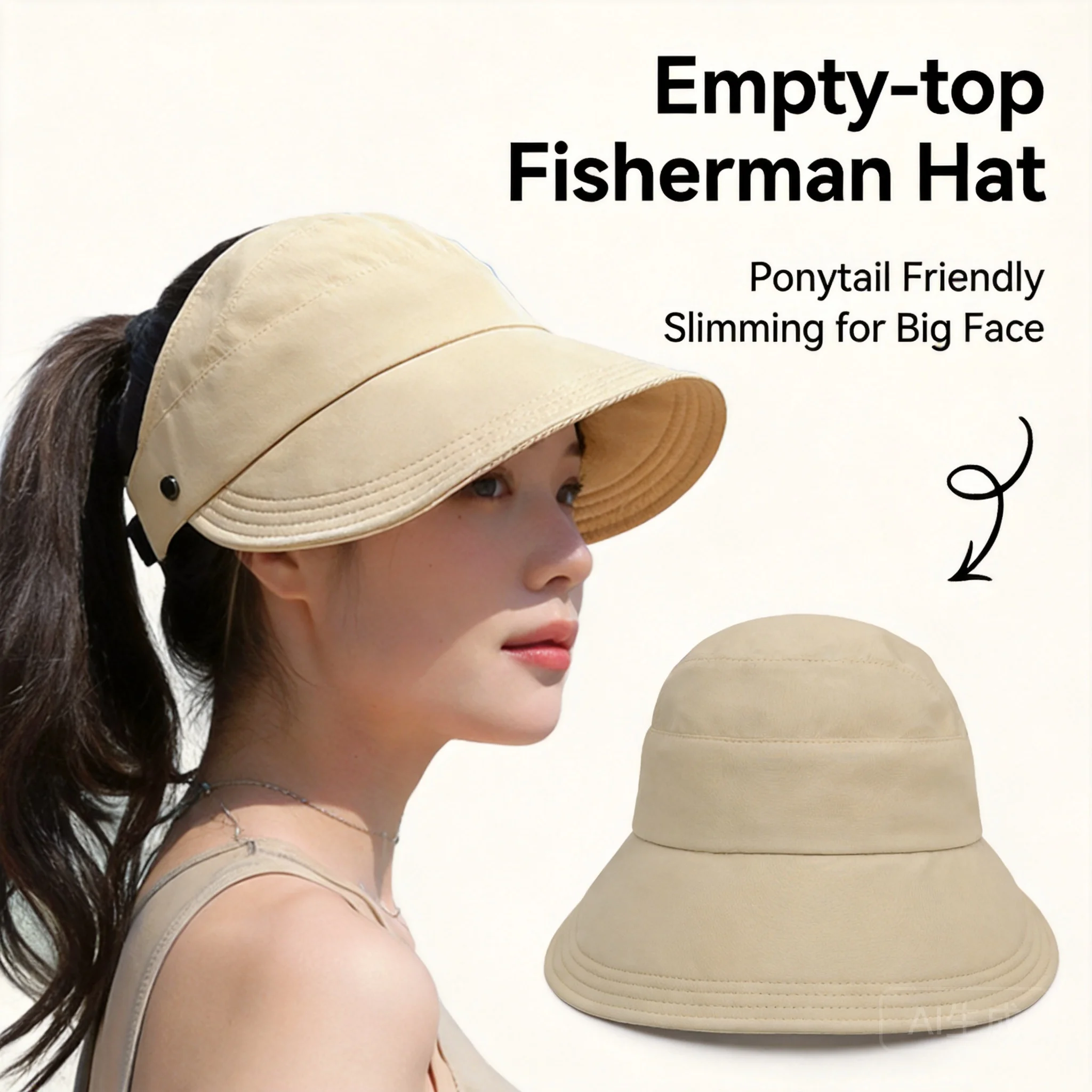 Women Quick Drying Uv Protection Empty Top Bucket Hat Ponytail Friendly Adjustable Cotton Ice Silk Optional Face Slimming Sun