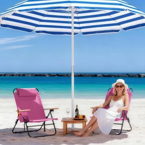 Premium Portable Camping Chair 5-Position Recliner Beach Folding Lightweight Outdoor Chair with Wooden Armrests