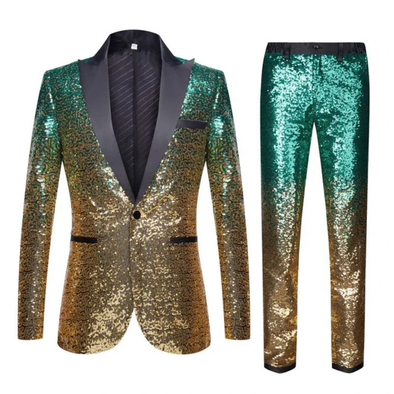 High Quality (Blazer + Trousers) Men\'s Fashion Elegant Casual Wedding Groomsmen Banquet Dance Party Sequin Costumes 2 Piece Set