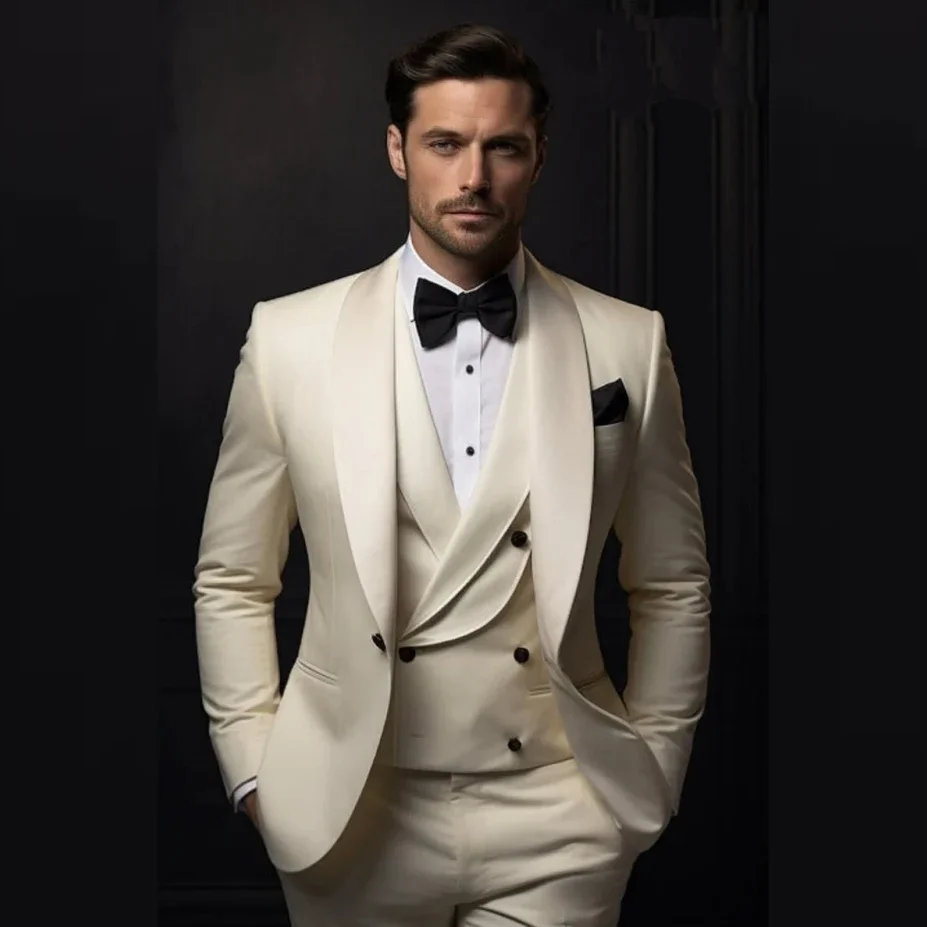 

Luxury Wedding Suits for Men Solid Color Light Champagne Shawl Lapel Single Breasted One Button Chic 3 Piece Jacket Pants Vest