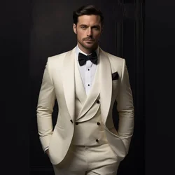 Luxury Wedding Suits for Men Solid Color Light Champagne Shawl Lapel Single Breasted One Button Chic 3 Piece Jacket Pants Vest