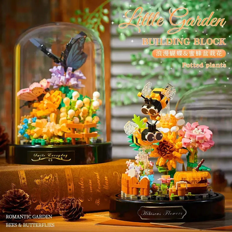 Bee Butterfly Flower Bonsai Building Blocks Insect Plant Potted Model Bricks With Dust Cover Children\'s DIY Toy Christmas Gift