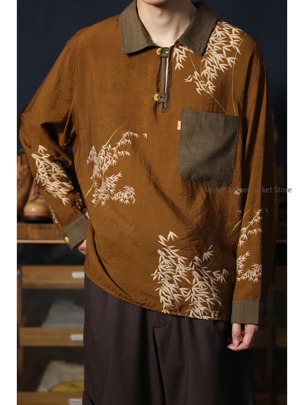 

Secondorder SS24 Color Block Hawaiian Pullover Shirt Bamboo Leaf Pattern Long Sleeve Top