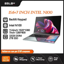 Laptop biurowy 15,6 + 7 cali Intel N100 32 GB RAM 2 TB SSD DDR4 Win11 Podświetlana klawiatura Ekran dotykowy Kamera HD Odblokowanie odcisków palców Komputer