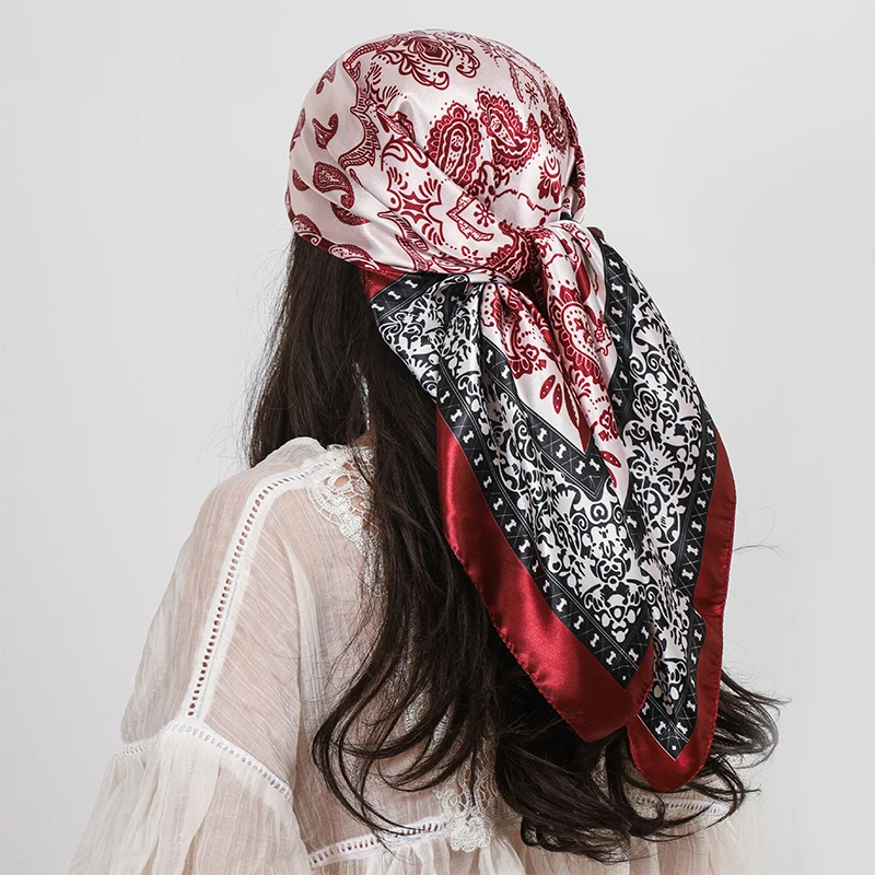90*90cm Satin Square Scarf Women Hijab Paisley Cashew Print Silk Scarf Neckerchief Shawl Wraps Headband Hair Accessories Bandana