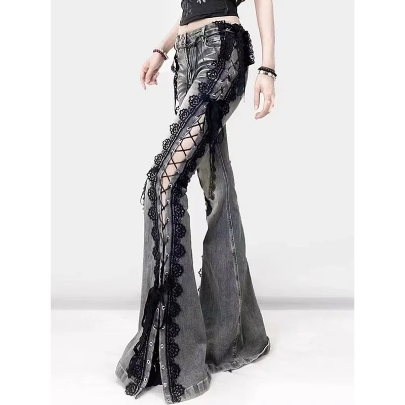 Low Rise Laced Split Bootcut Pants Women Jeans Do Old Sexy Skinny Hollow Out Bell Bottoms Retro Y2k Streetwear Aesthetic
