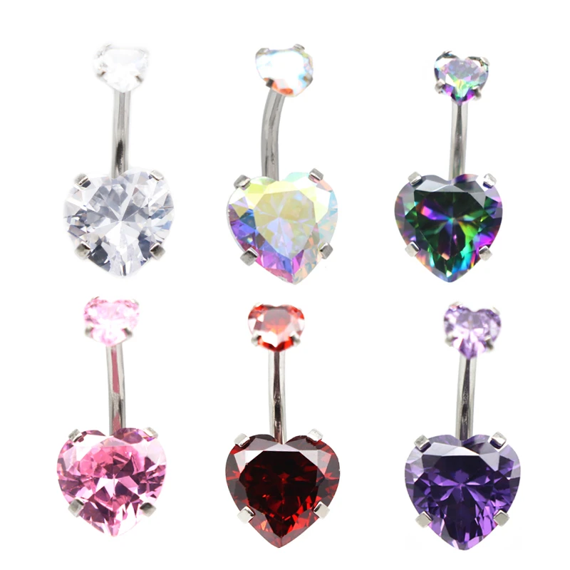 

50pcs Heart Zircon Belly Bar Navel Ring Internally Threaded CZ Gem Surgical Steel 14G Fashion Body Piercing Jewelry Women