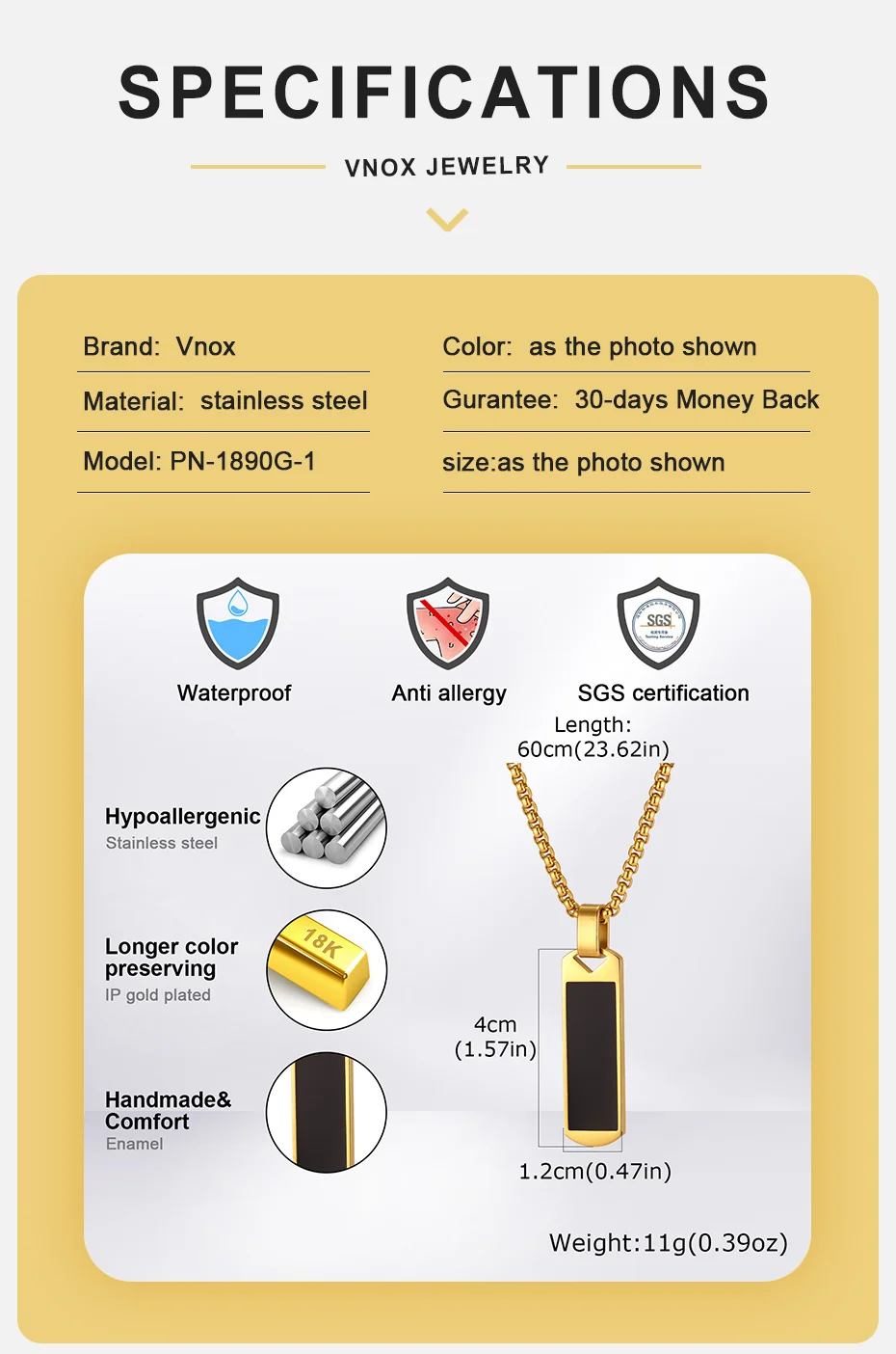Vnox Rechteckige Harz-Anhänger-Halskette für Männer, Edelstahl-Kastenkette mit vertikalem Stabanhänger, Schmuckgeschenke für Vater, Sohn, Ihn – Detail 4