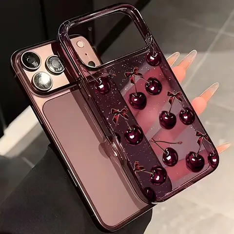 For iPhone 18 17 16 15 14 13 12 11 Pro Max Case Burgundy Cherry Pattern Glitter Clear Cover For iPhone XS X XR 7 8 16 Plus Funda
