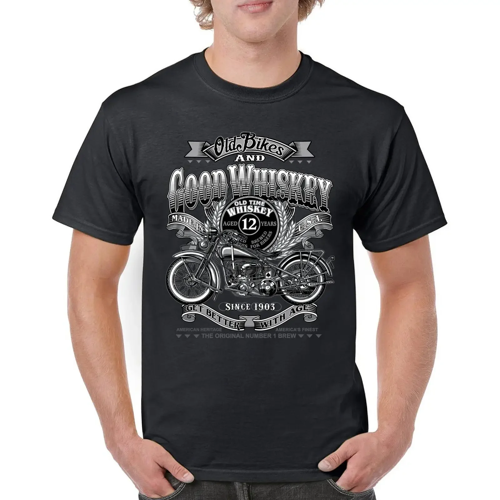 Old Bikes Good Whiskey T Shirt Vintage 1903 Biker American Heritage Herren vintage Washed Versatile designer clothes
