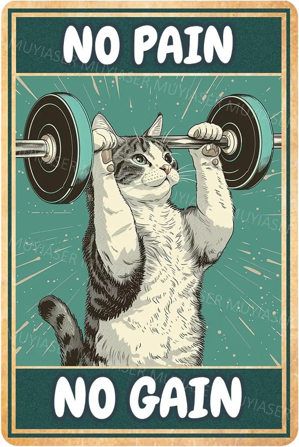 Metal Tin Sign Cat No Pain No Gain Gym Sign Vintage Metal Signs Retro Aluminum Tin Sign for Gym Door Home Bar Cafe Decor 8x12 In