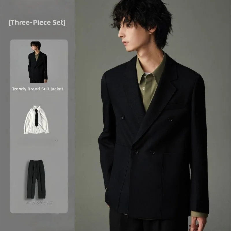 

Casual Bla Suit Jaet Men's Trendy Spring Autumn Korean Version Single West M Faionable Stand Collar Tee Button