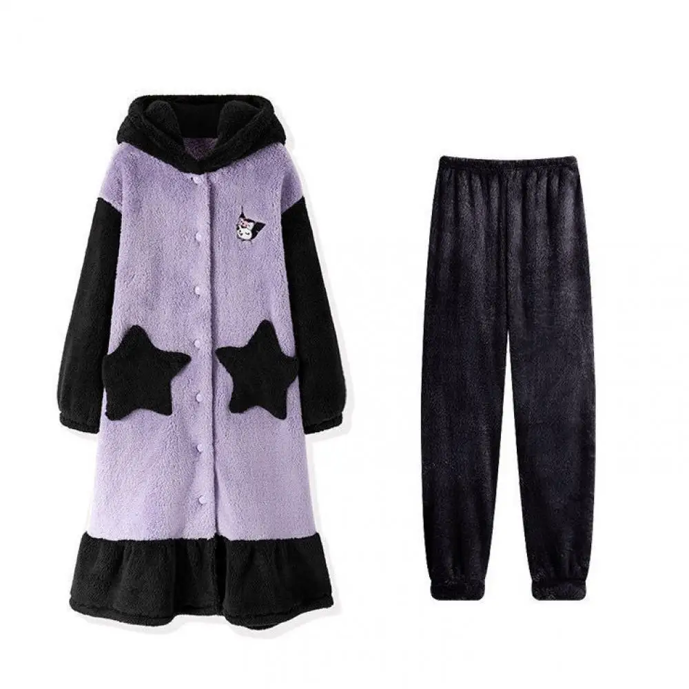 

Kawaii Winter Kuromi 2Pcs Plush Nightgown Set Sanrioed Hooded Long Home Clothes Cute Thicken Nightdress Pants Soft Cartoon Sweet
