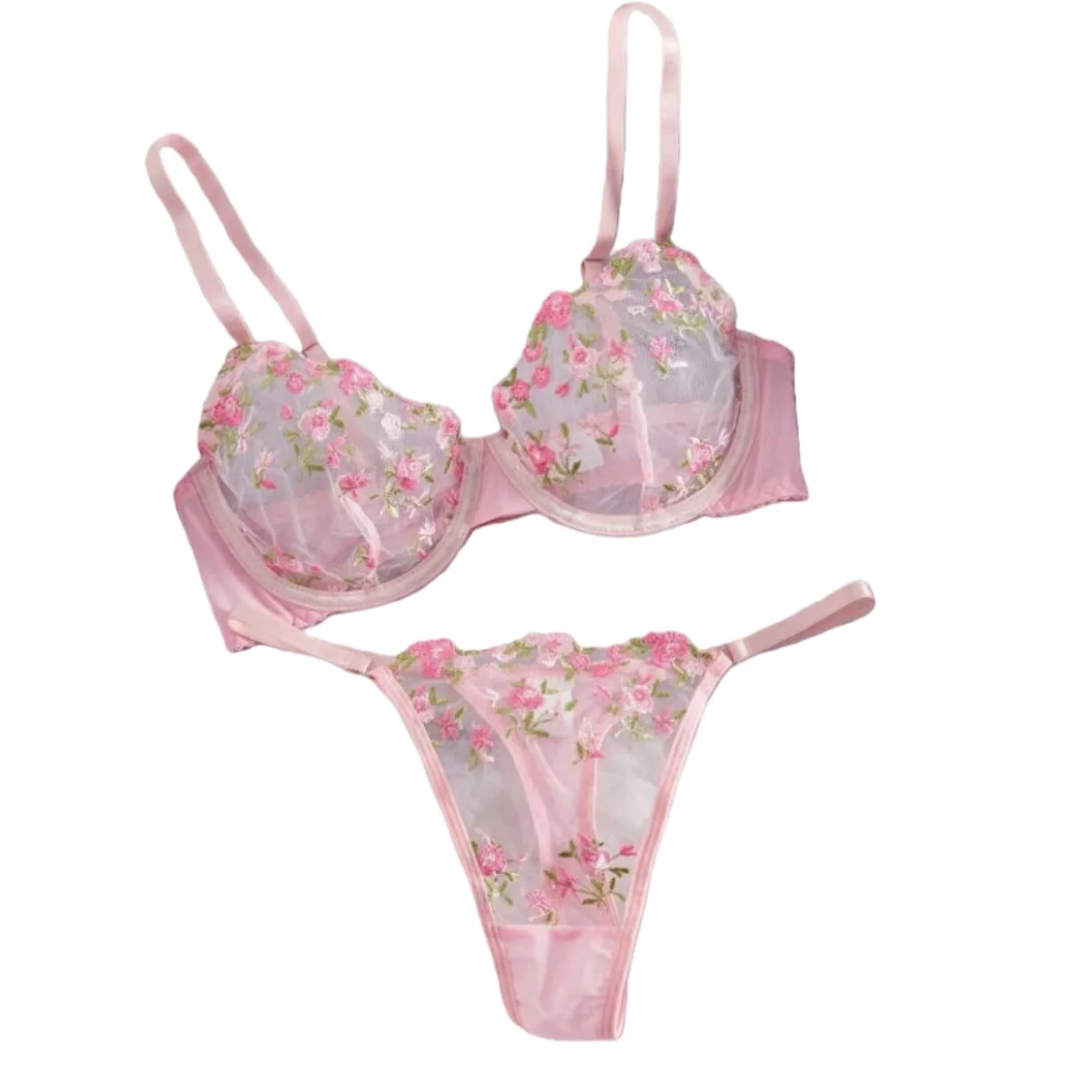 2-Piece Small Floral Embroidery Sexy Bra Set, Single-Layer Mesh Underwire Sheer Lingerie Set, Perfect for Gatherings, Parties
