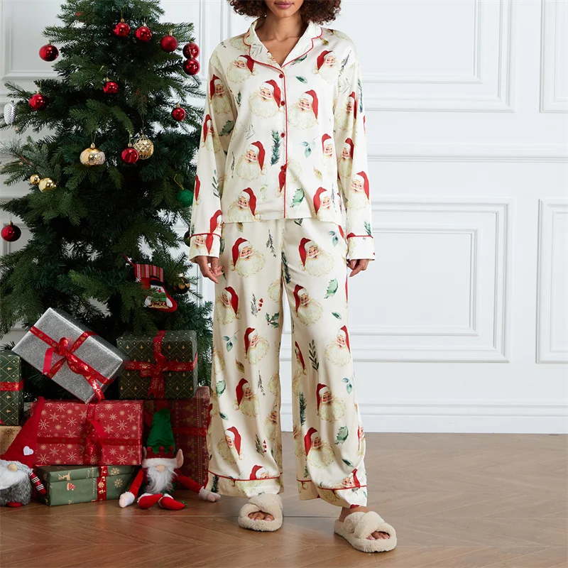 Cute Print Christmas Pajamas Set for Women 2 Piece Slik Satin Santa Matching Set Long Sleeve Shirt Pants Pj Sets Loungewear