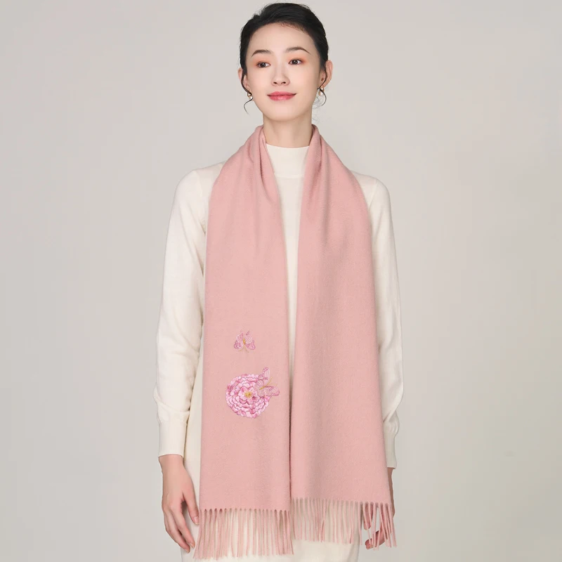 Women's Scarf Shawl Autumn and Winter Pure Cashmere Thickened Warm Multi-Functional Handmade Embroidery Gift New Chinese Style