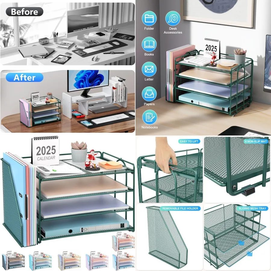 منظم ورق مكون من 4 طبقات مع حامل مجلات لتخزين المكتب وملحقات سطح المكتب الخضراء لتنظيم ملفات المستندات