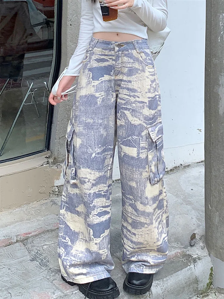 Women Japanese Harajuku Fashion Tie Dye Multi-Pocket Jeans 2000s Aesthetic Cargo Denim Pants Baggy Y2k Punk Grunge Dark Academia