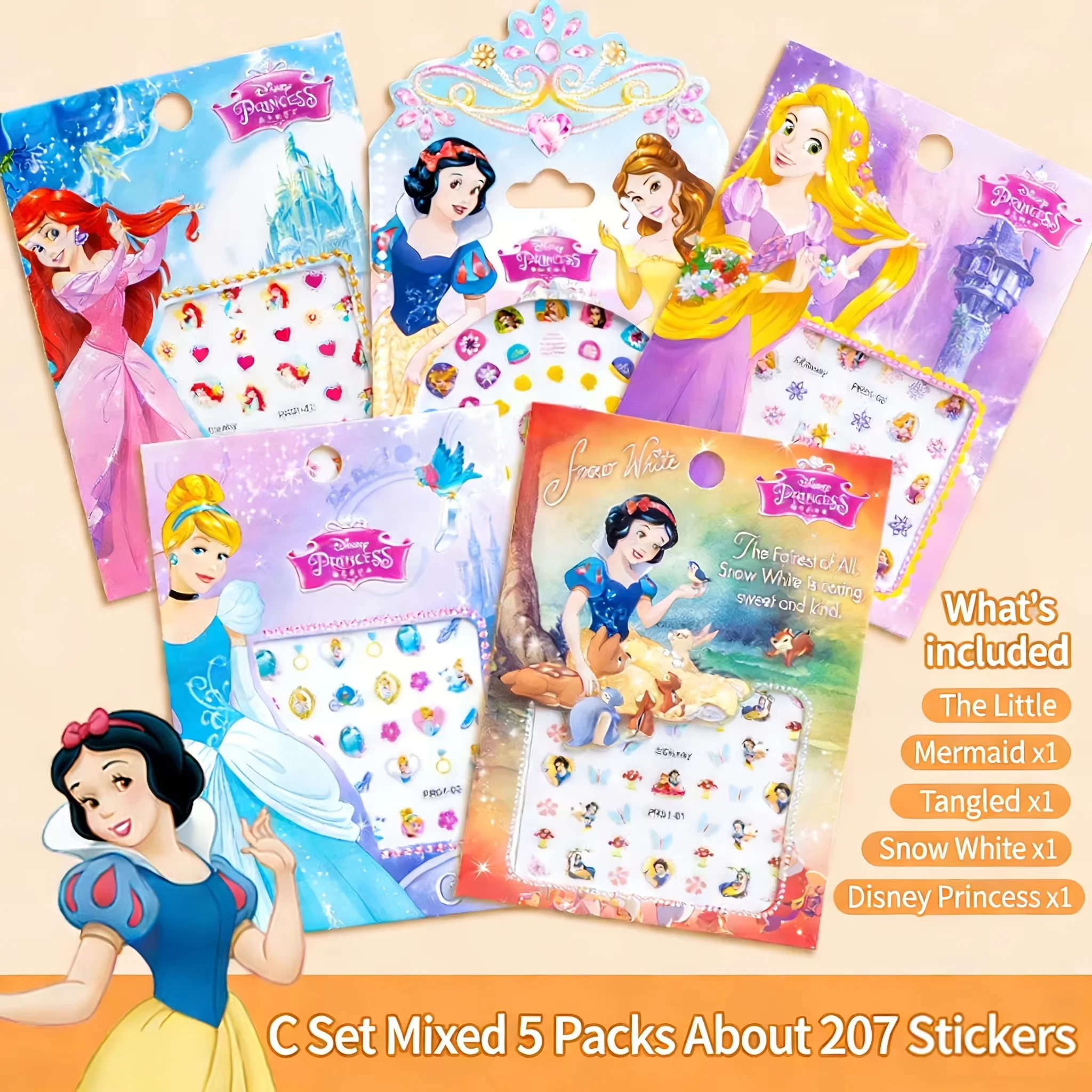 5pcs Disney Princess Nail Stickers, Snow White Cinderella Mermaid Waterproof Nail Stickers, Children's Fun Decorative Stickers