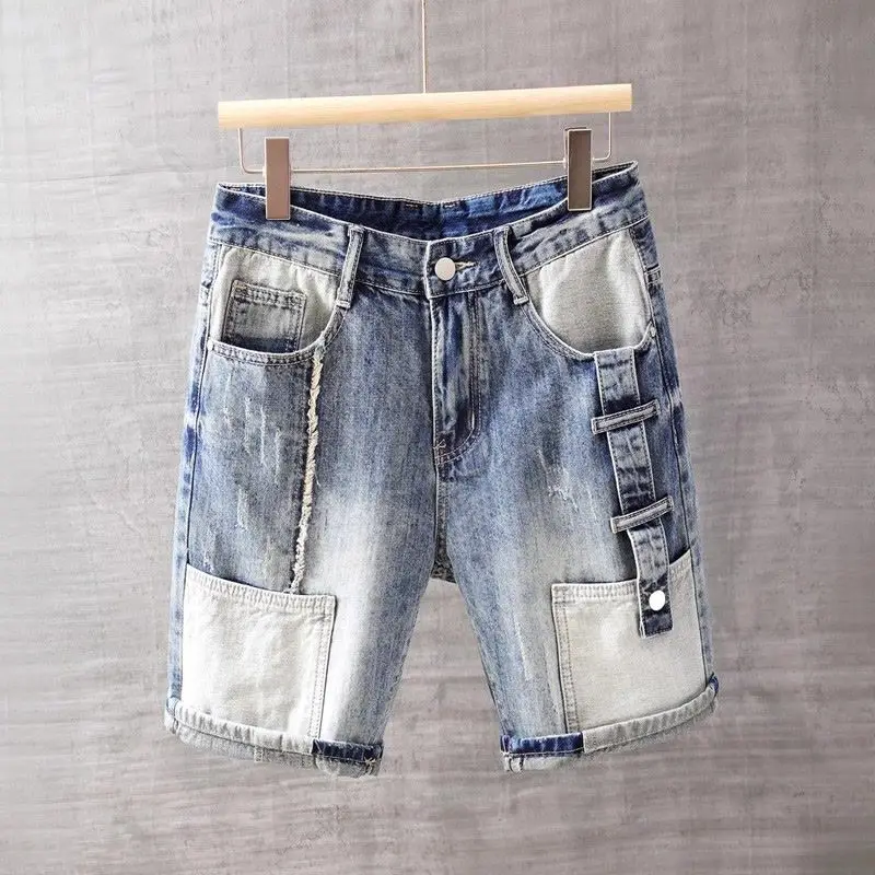 

Korean Style Harajuku Fashion Designer Men's Summer Straight Denim Jeans Shorts Casual Boyfriend Washed Patchwork Short Pants