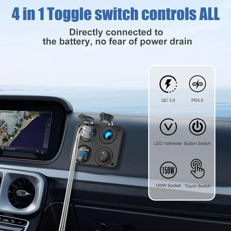 

Универсальное автомобильное зарядное устройство 12-24В с двумя USB-портами, цифровым вольтметром и розеткой для автодомов, фургонов, внедорожников, автобусов, яхт