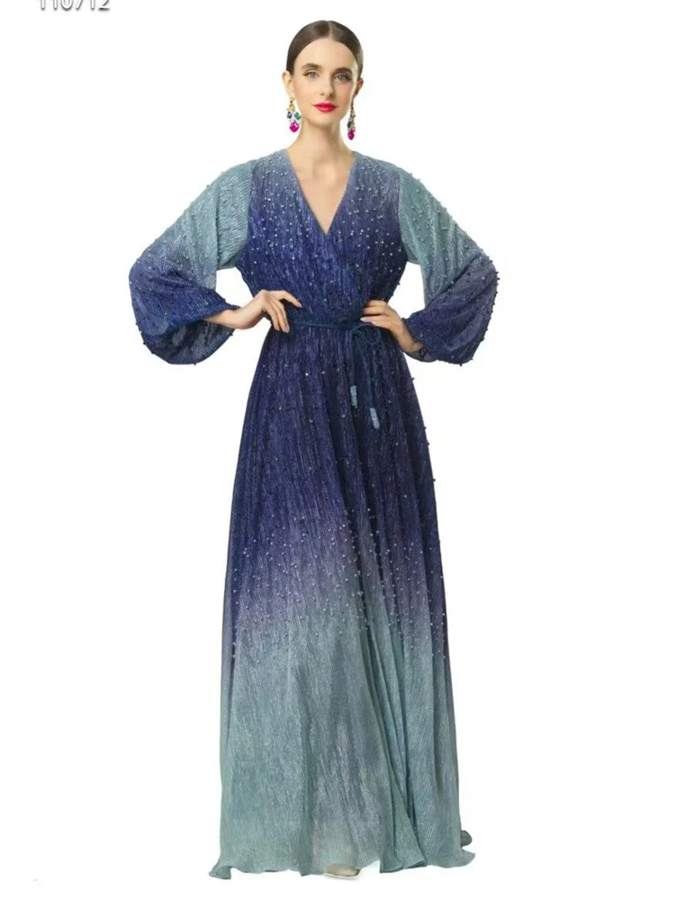 Autumn New V-neck Lantern Sleeve Gradually Changing Color +Beaded+Belt Big Swing Dreamy and Beautiful Banquet Women's Dress S-3X