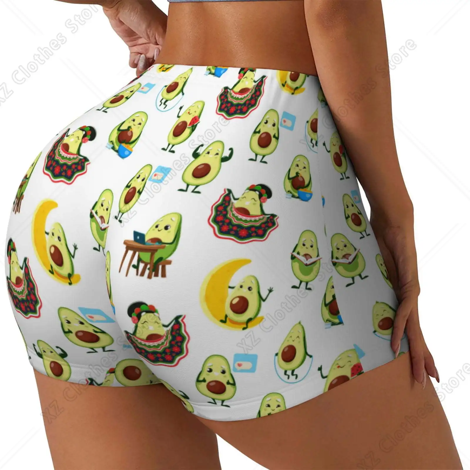 Funny Avocado In Mexican Clothes Printed Workout Shorts for Women Scrunch Butt Lifting High Waisted Yoga Gym Booty Running