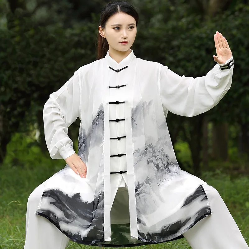 White Tai Chi Uniforms Traditional Chinese Martial Arts Exercise Clothing Long Sleeve Wingchun Suit Unisex Kungfu Uniform V3062