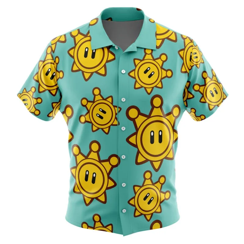 Men's Japanese Casual Shirt Summer Clothes Shine Sprite Mario Bros Sunshine Button Up Hawaiian Shirt